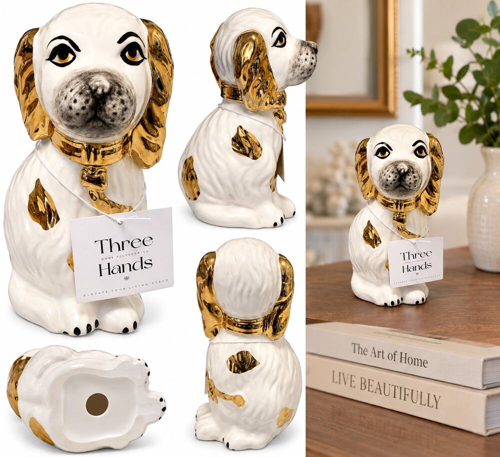 Three Hands White & Gold Ceramic Dog Figurine – Decorative Home Accent
